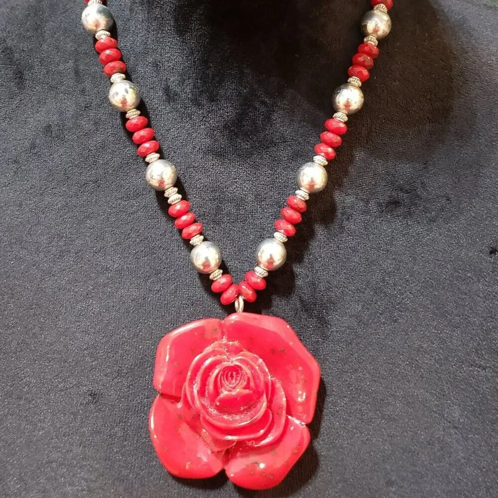 Womens Red Rose Acrylic Carved Flower Pendant Metal Beads Necklace with Lobster